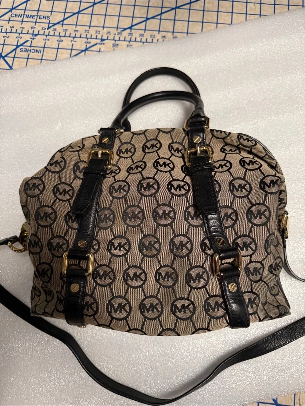 Michael Kors Signature Logo Satchel Crossbody Bag – Beige/Black Jacquard